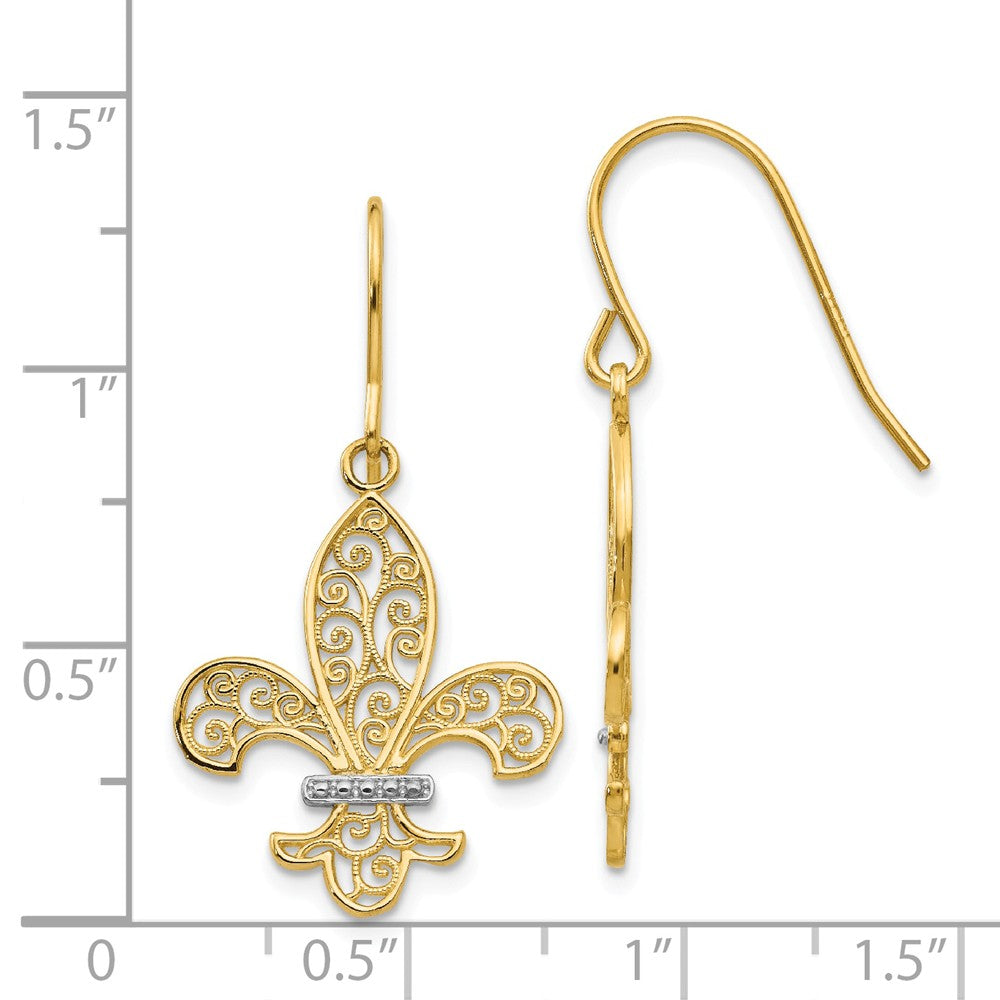 Alternate view of the Two Tone Fleur De Lis Filigree Dangle Earrings in 14k Gold by The Black Bow Jewelry Co.