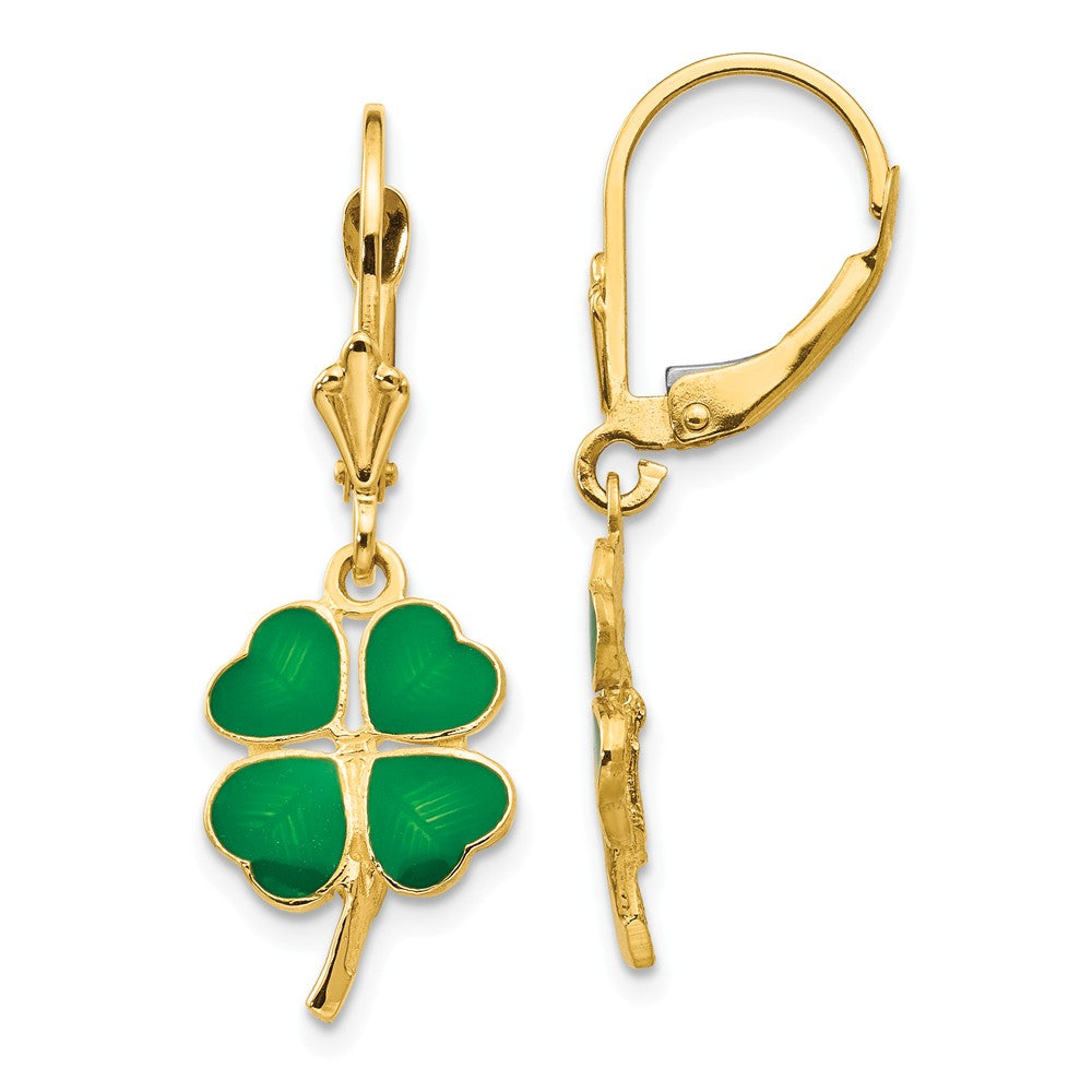 Green 4-Leaf Clover Lever Back Earrings in 14k Yellow Gold and Enamel, Item E11067 by The Black Bow Jewelry Co.