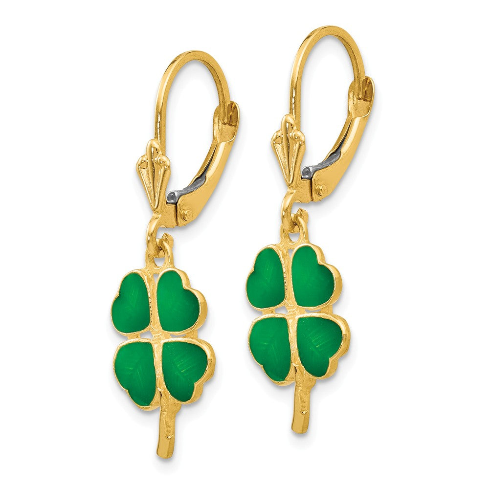 Alternate view of the Green 4-Leaf Clover Lever Back Earrings in 14k Yellow Gold and Enamel by The Black Bow Jewelry Co.