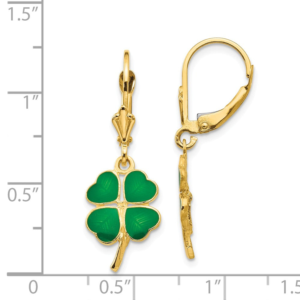 Alternate view of the Green 4-Leaf Clover Lever Back Earrings in 14k Yellow Gold and Enamel by The Black Bow Jewelry Co.