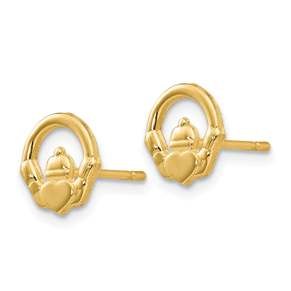 Alternate view of the 8mm Claddagh Post Earrings in 14k Yellow Gold by The Black Bow Jewelry Co.