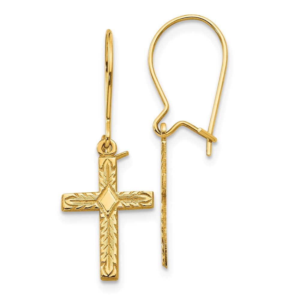 13mm Textured Cross Dangle Earrings in 14k Yellow Gold, Item E11070 by The Black Bow Jewelry Co.