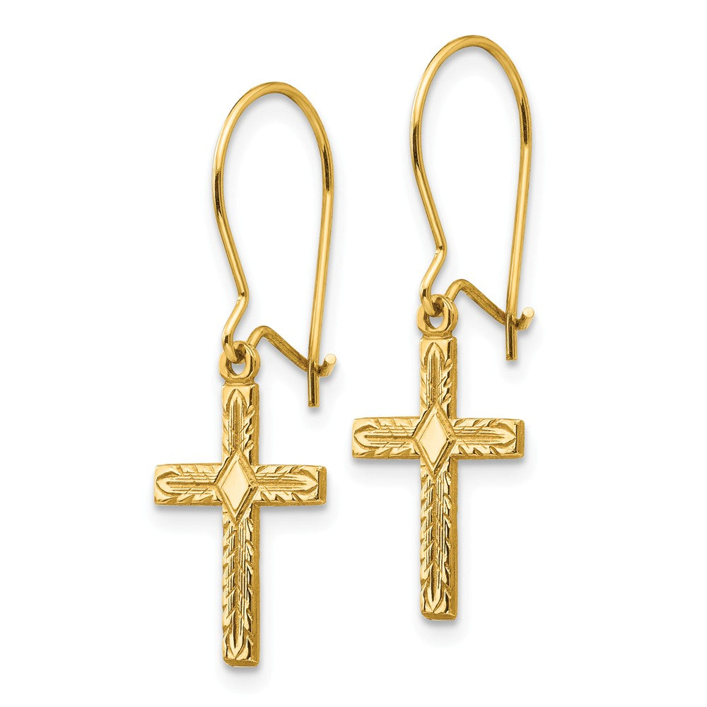 Alternate view of the 13mm Textured Cross Dangle Earrings in 14k Yellow Gold by The Black Bow Jewelry Co.