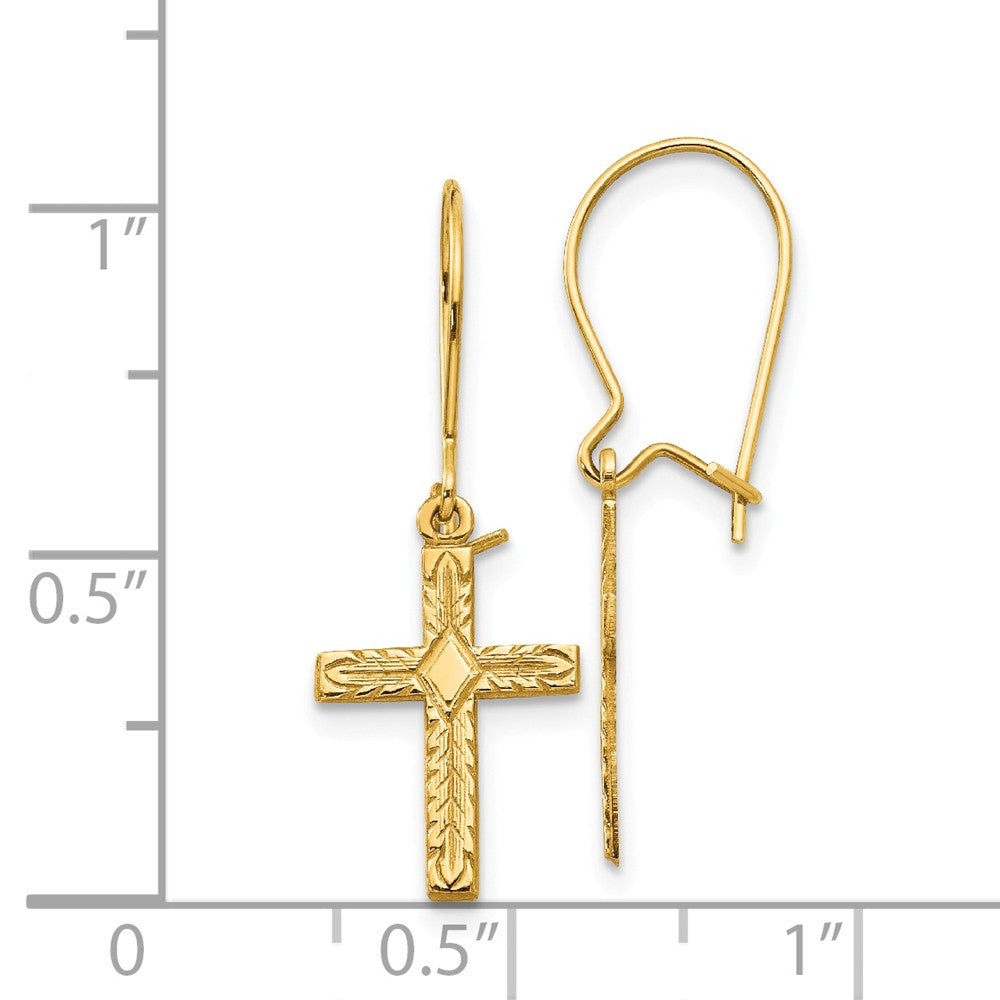 Alternate view of the 13mm Textured Cross Dangle Earrings in 14k Yellow Gold by The Black Bow Jewelry Co.