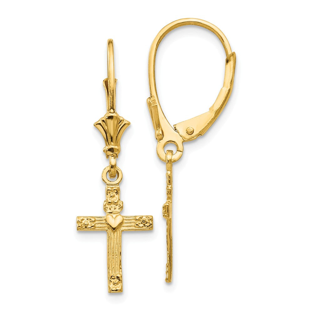 13mm Textured Cross with Heart Lever Back Earrings in 14k Yellow Gold, Item E11072 by The Black Bow Jewelry Co.