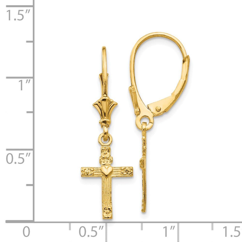 Alternate view of the 13mm Textured Cross with Heart Lever Back Earrings in 14k Yellow Gold by The Black Bow Jewelry Co.