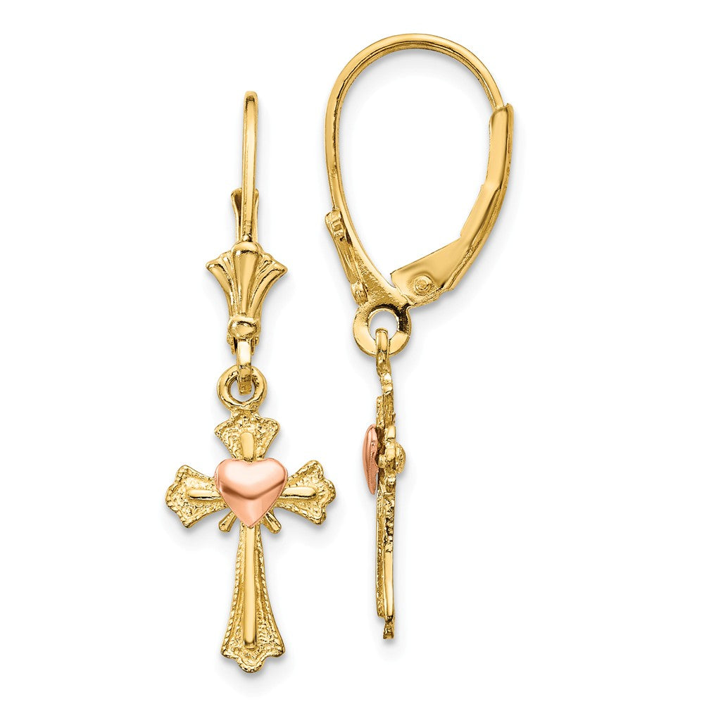 14mm Heart on Cross Lever Back Earrings in 14k Yellow and Rose Gold, Item E11073 by The Black Bow Jewelry Co.