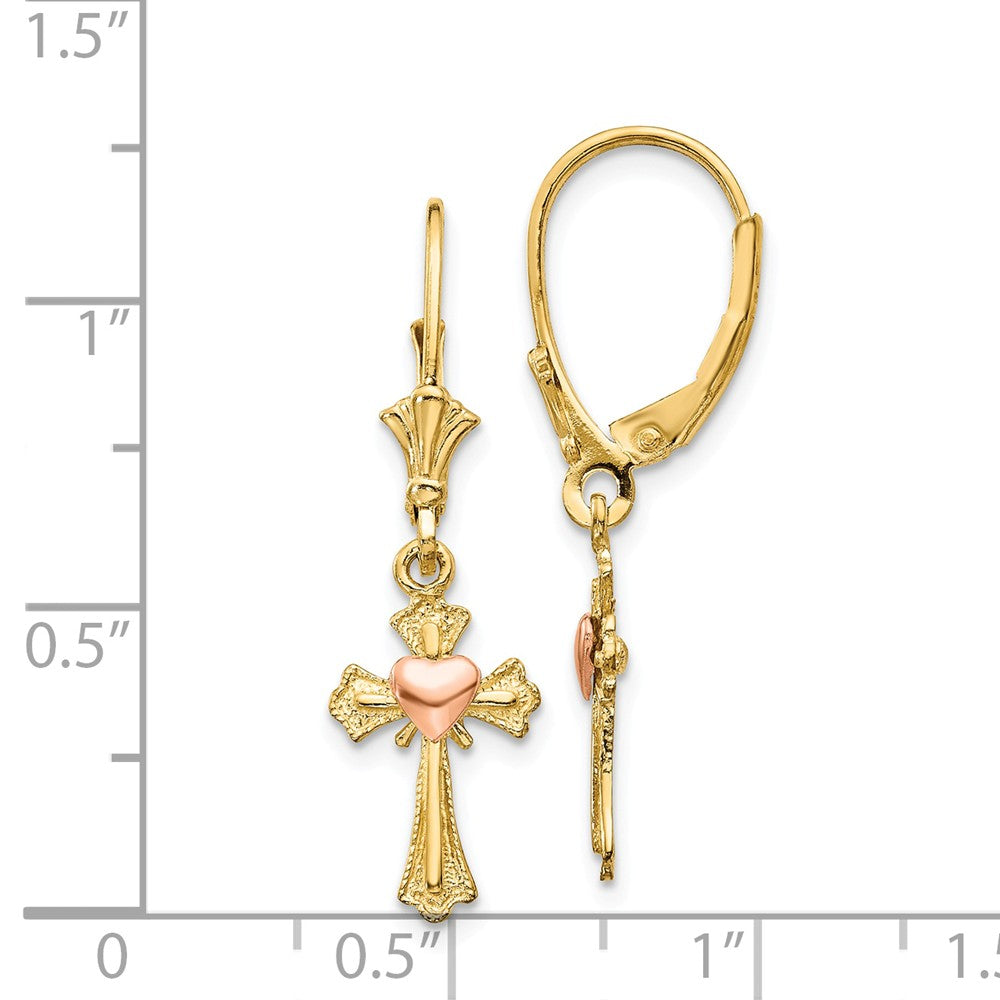 Alternate view of the 14mm Heart on Cross Lever Back Earrings in 14k Yellow and Rose Gold by The Black Bow Jewelry Co.