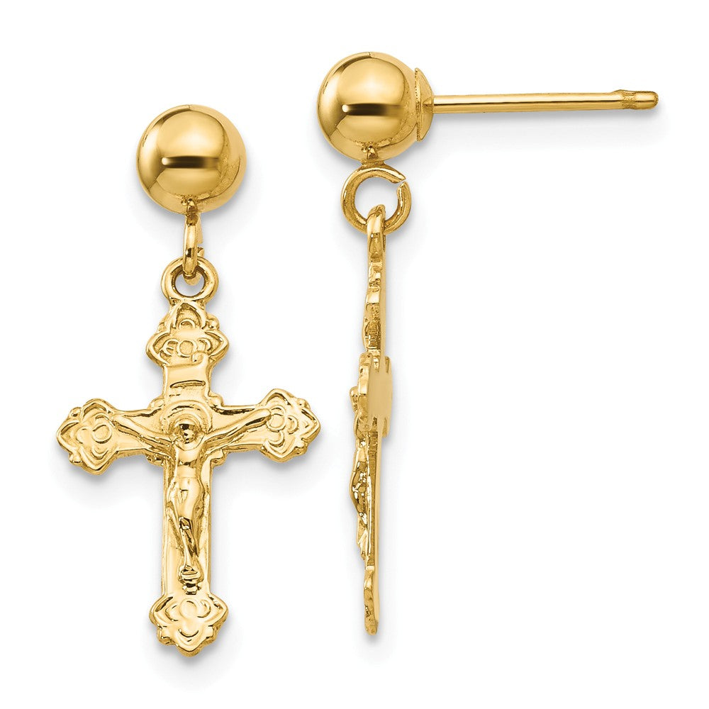 Polished Crucifix Dangle Post Earrings in 14k Yellow Gold, Item E11074 by The Black Bow Jewelry Co.