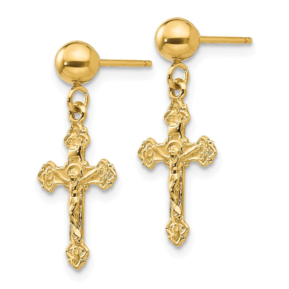 Alternate view of the Polished Crucifix Dangle Post Earrings in 14k Yellow Gold by The Black Bow Jewelry Co.