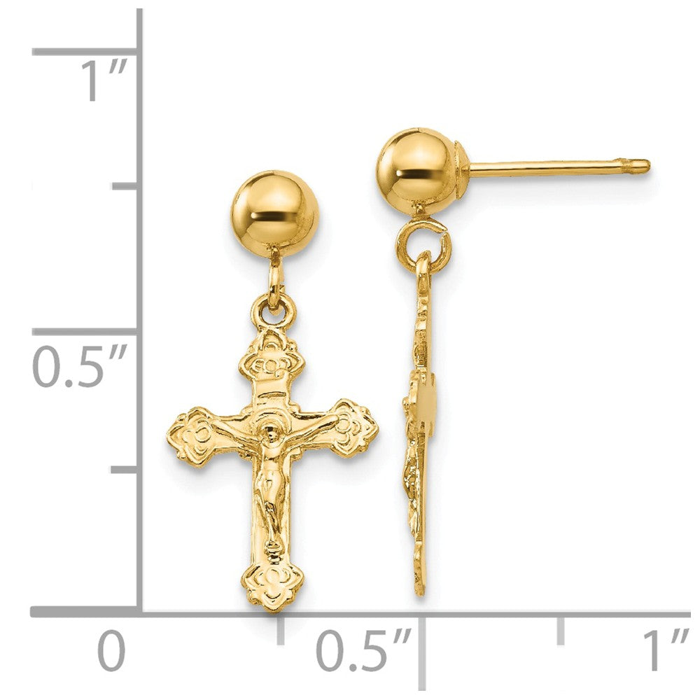 Alternate view of the Polished Crucifix Dangle Post Earrings in 14k Yellow Gold by The Black Bow Jewelry Co.