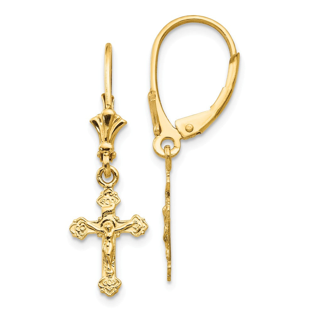 Polished Crucifix Lever Back Earrings in 14k Yellow Gold, Item E11076 by The Black Bow Jewelry Co.
