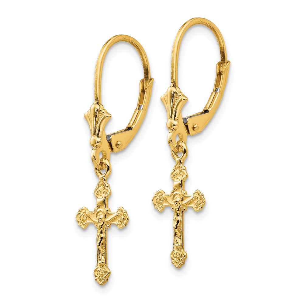 Alternate view of the Polished Crucifix Lever Back Earrings in 14k Yellow Gold by The Black Bow Jewelry Co.