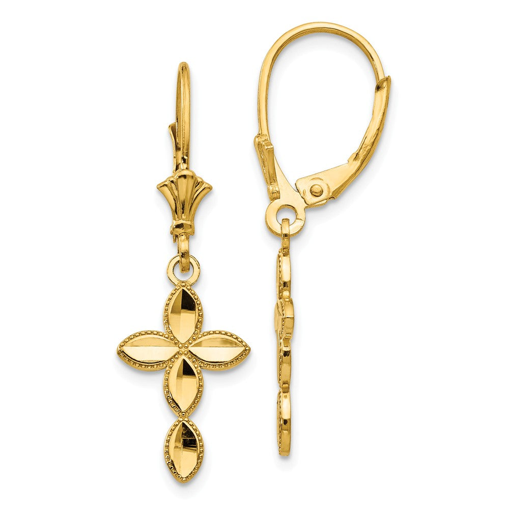 Diamond Cut &amp; Beaded Edge Cross Lever Back Earrings in 14k Yellow Gold, Item E11080 by The Black Bow Jewelry Co.