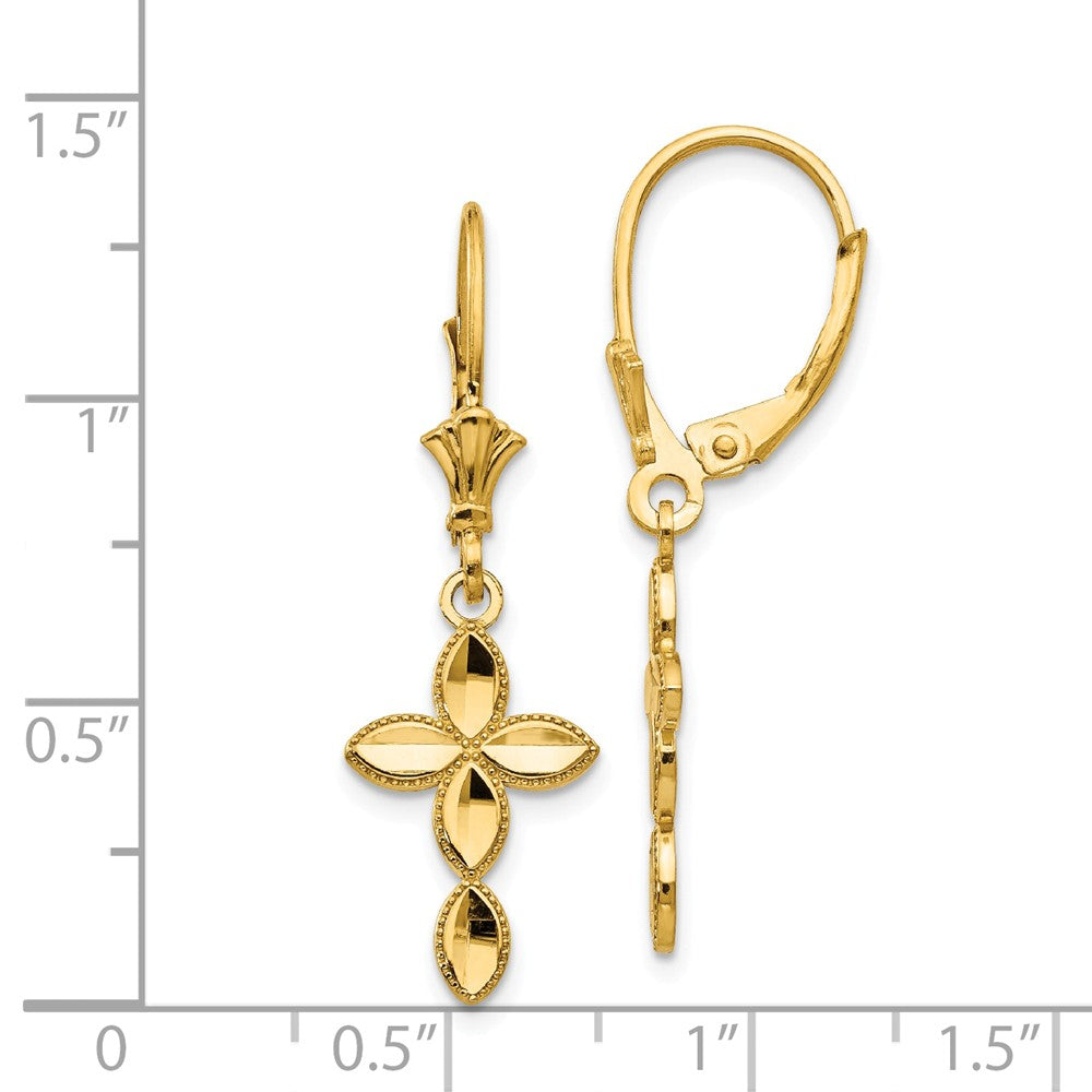 Alternate view of the Diamond Cut &amp; Beaded Edge Cross Lever Back Earrings in 14k Yellow Gold by The Black Bow Jewelry Co.