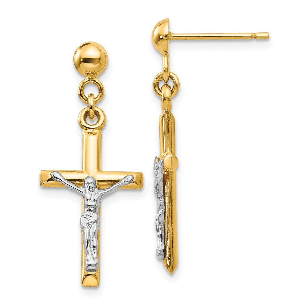 3D Hollow Crucifix Dangle Post Earrings in 14k Two Tone Gold, Item E11086 by The Black Bow Jewelry Co.