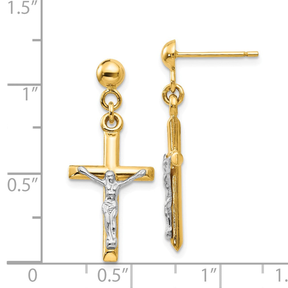 Alternate view of the 3D Hollow Crucifix Dangle Post Earrings in 14k Two Tone Gold by The Black Bow Jewelry Co.