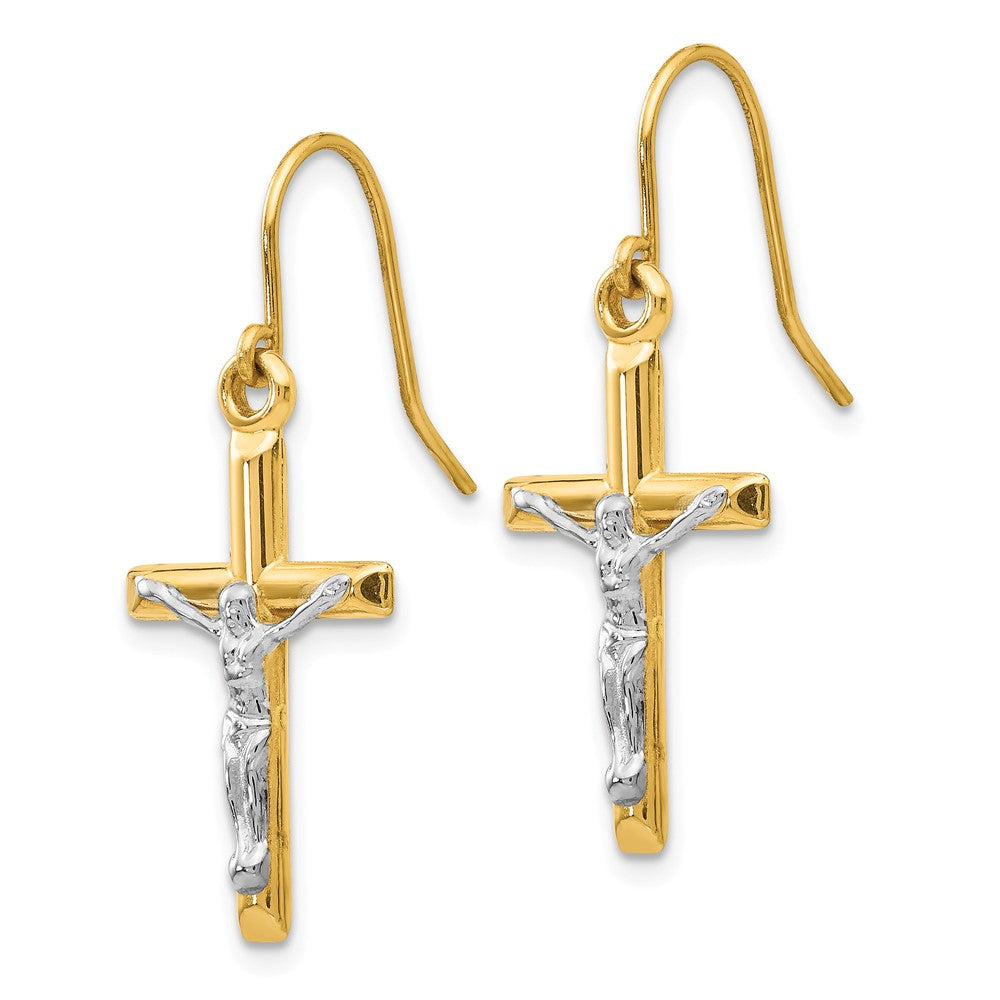 Alternate view of the 3D Hollow Crucifix Dangle Earrings in 14k Two Tone Gold by The Black Bow Jewelry Co.