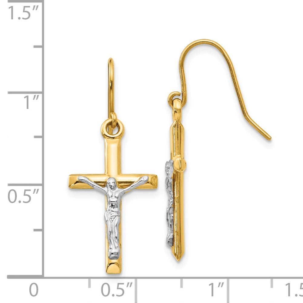 Alternate view of the 3D Hollow Crucifix Dangle Earrings in 14k Two Tone Gold by The Black Bow Jewelry Co.