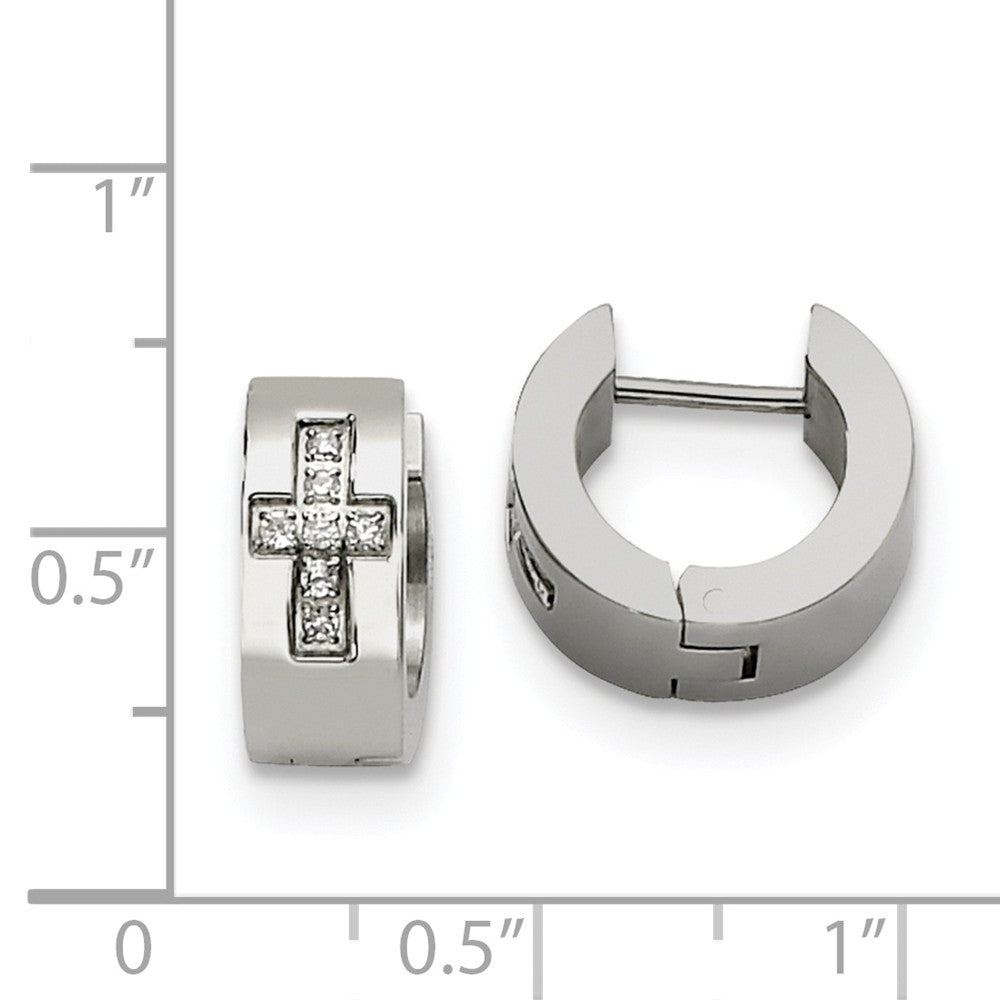 Alternate view of the Stainless Steel CZ Cross Hinged Round Hoop Earrings, 6 x 14mm by The Black Bow Jewelry Co.