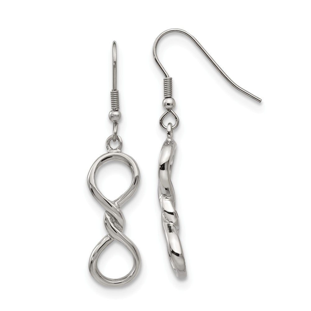 Polished Twisted Infinity Symbol Dangle Earrings in Stainless Steel, Item E11100 by The Black Bow Jewelry Co.