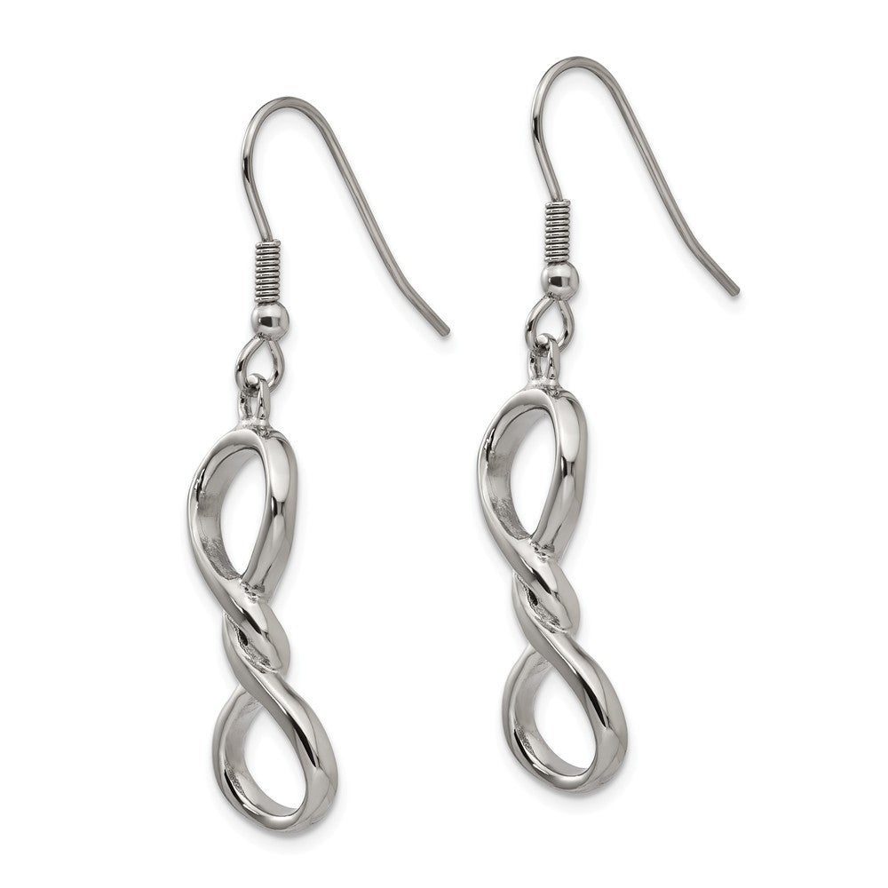 Alternate view of the Polished Twisted Infinity Symbol Dangle Earrings in Stainless Steel by The Black Bow Jewelry Co.