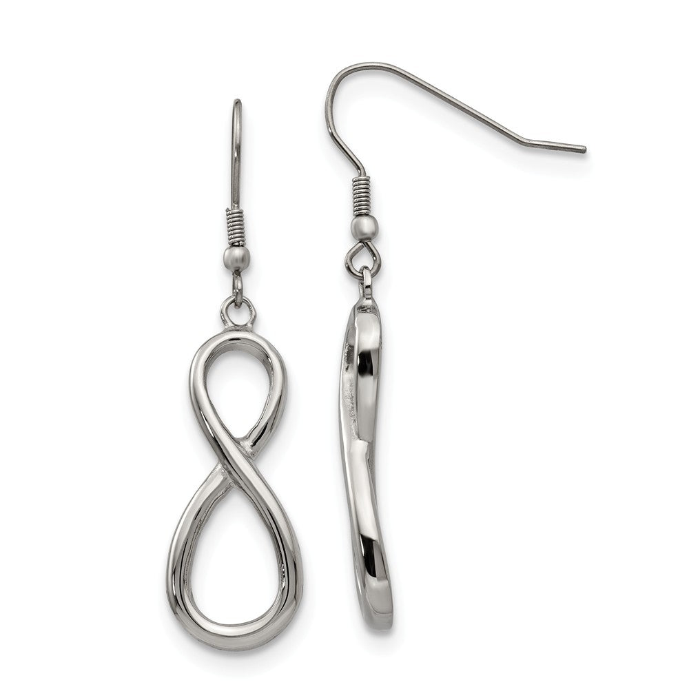 Polished Infinity Dangle Earrings in Stainless Steel, Item E11102 by The Black Bow Jewelry Co.