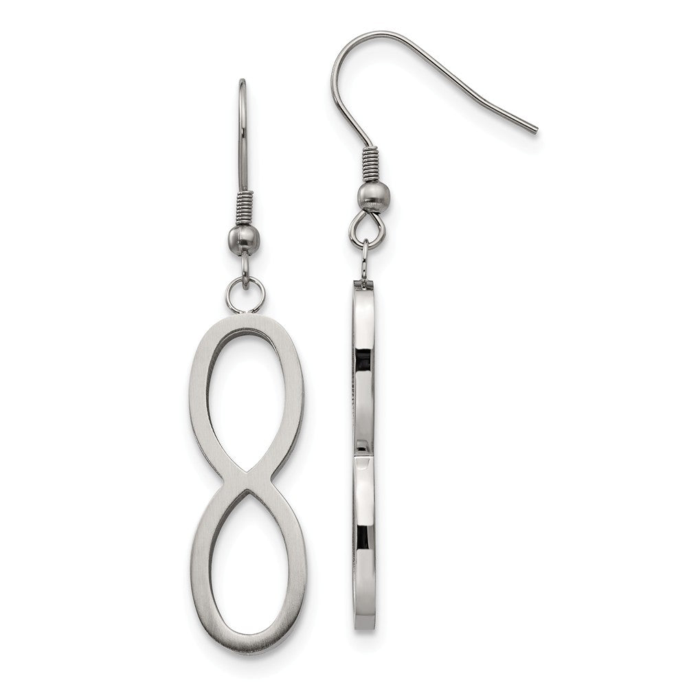 Brushed Infinity Symbol Dangle Earrings in Stainless Steel, Item E11103 by The Black Bow Jewelry Co.
