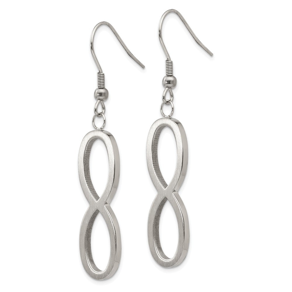 Alternate view of the Brushed Infinity Symbol Dangle Earrings in Stainless Steel by The Black Bow Jewelry Co.