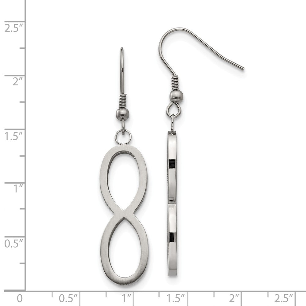 Alternate view of the Brushed Infinity Symbol Dangle Earrings in Stainless Steel by The Black Bow Jewelry Co.