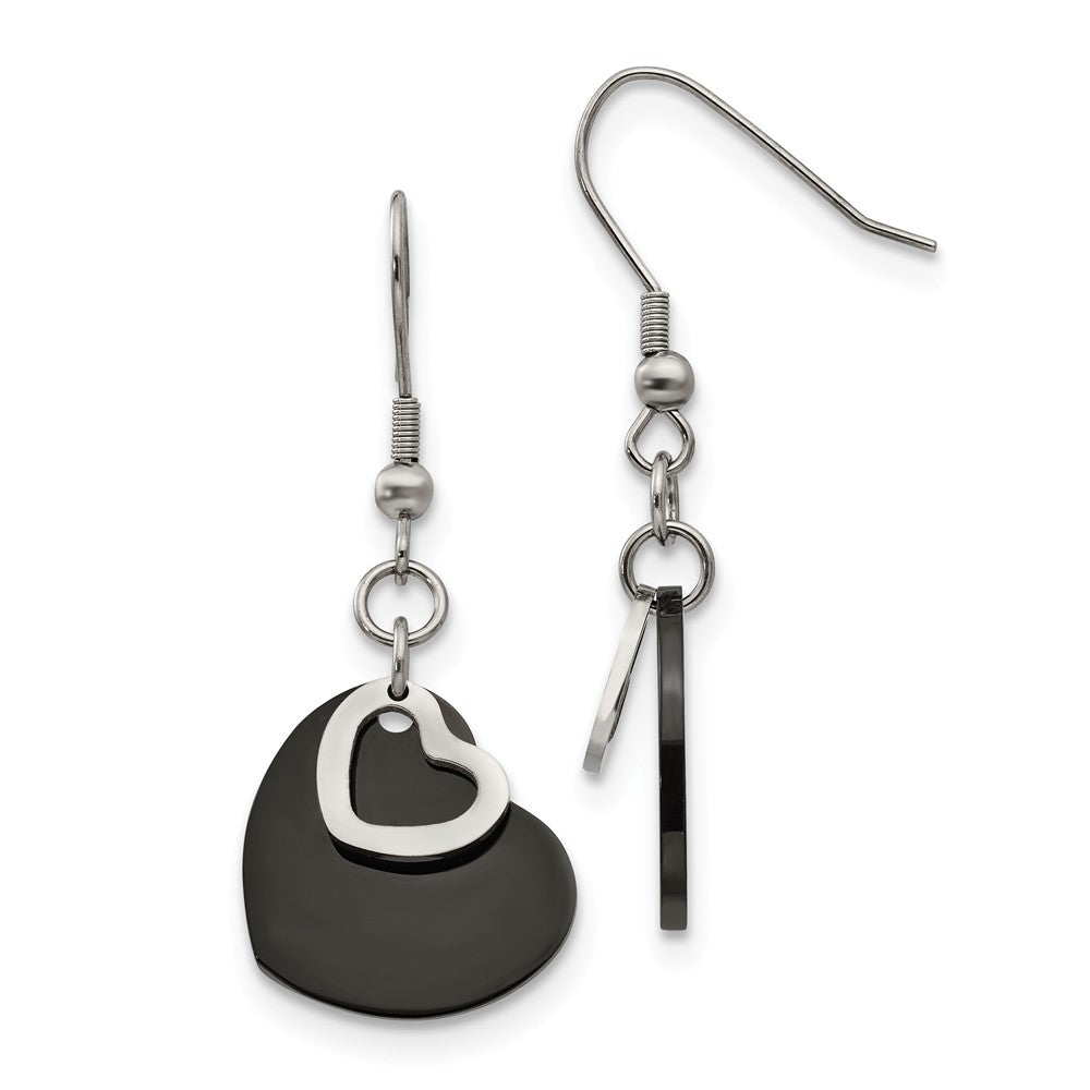 19mm Black Plated Double Heart Dangle Earrings in Stainless Steel, Item E11108 by The Black Bow Jewelry Co.