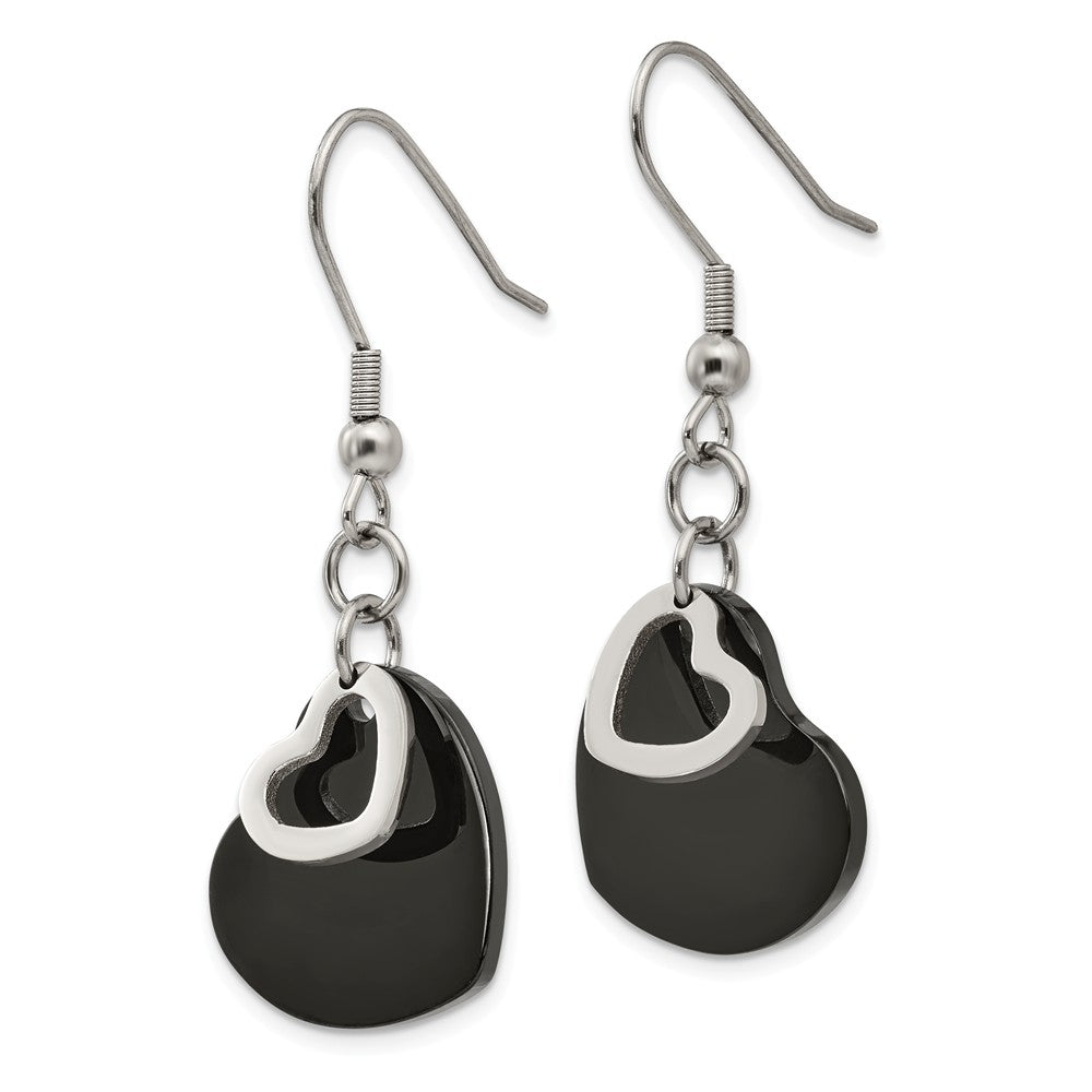 Alternate view of the 19mm Black Plated Double Heart Dangle Earrings in Stainless Steel by The Black Bow Jewelry Co.