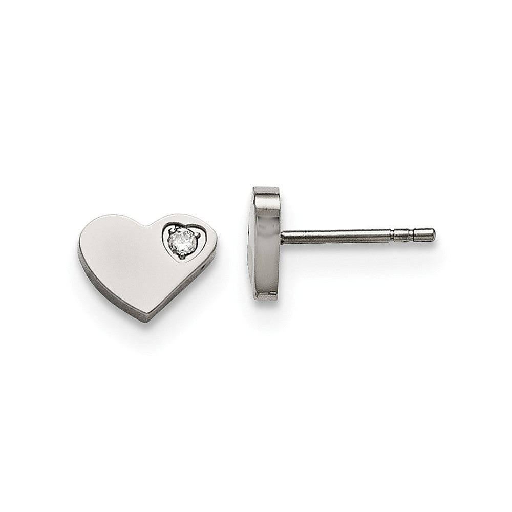 10mm Asymmetrical CZ Heart Post Earrings in Stainless Steel, Item E11113 by The Black Bow Jewelry Co.