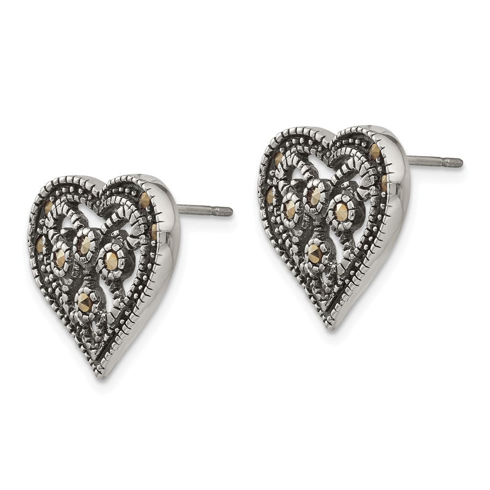 Alternate view of the 17mm Marcasite Scroll Heart Post Earrings in Antiqued Stainless Steel by The Black Bow Jewelry Co.