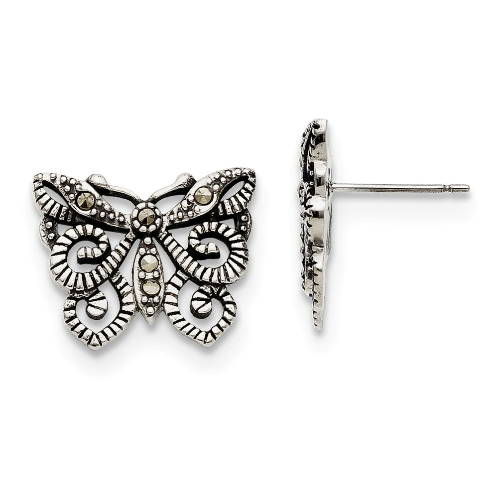 18mm Marcasite Scroll Butterfly Post Earrings in Stainless Steel, Item E11116 by The Black Bow Jewelry Co.