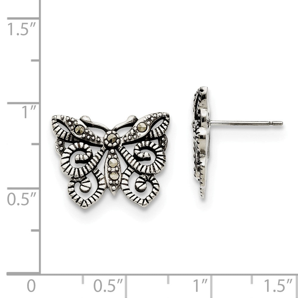 Alternate view of the 18mm Marcasite Scroll Butterfly Post Earrings in Stainless Steel by The Black Bow Jewelry Co.