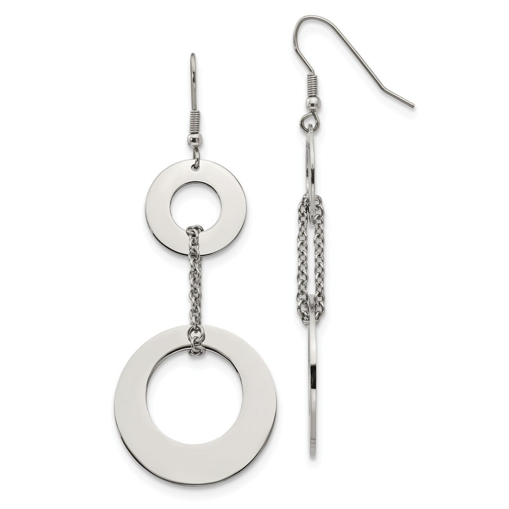 Polished Double Circle Chain Dangle Earrings in Stainless Steel, Item E11118 by The Black Bow Jewelry Co.