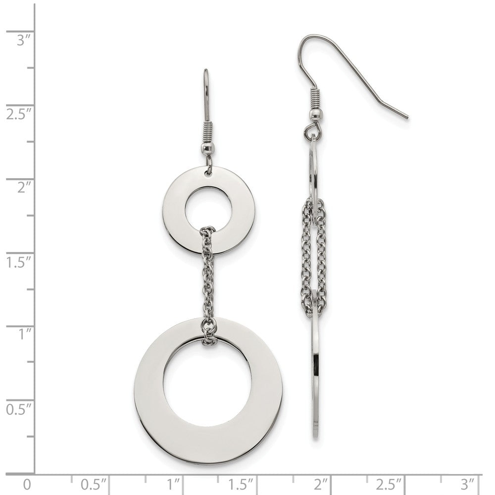 Alternate view of the Polished Double Circle Chain Dangle Earrings in Stainless Steel by The Black Bow Jewelry Co.
