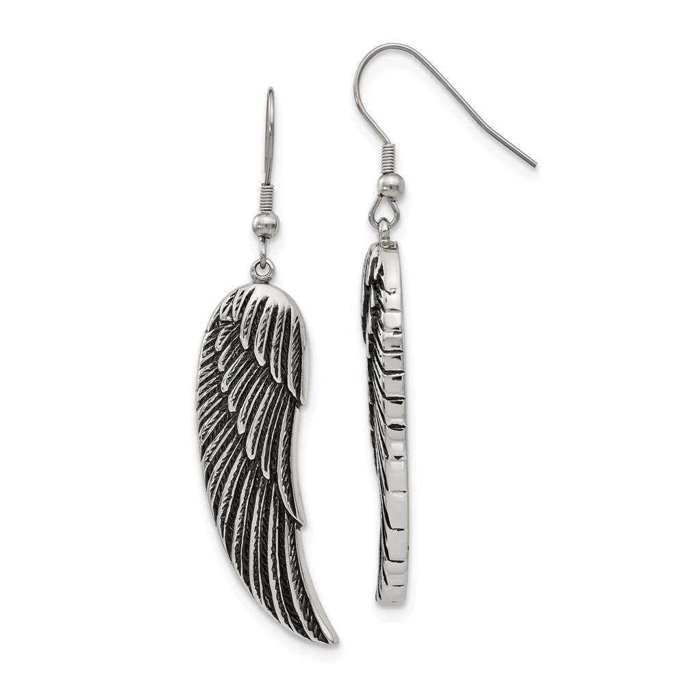 Large Antiqued Textured Wing Dangle Earrings in Stainless Steel, Item E11133 by The Black Bow Jewelry Co.