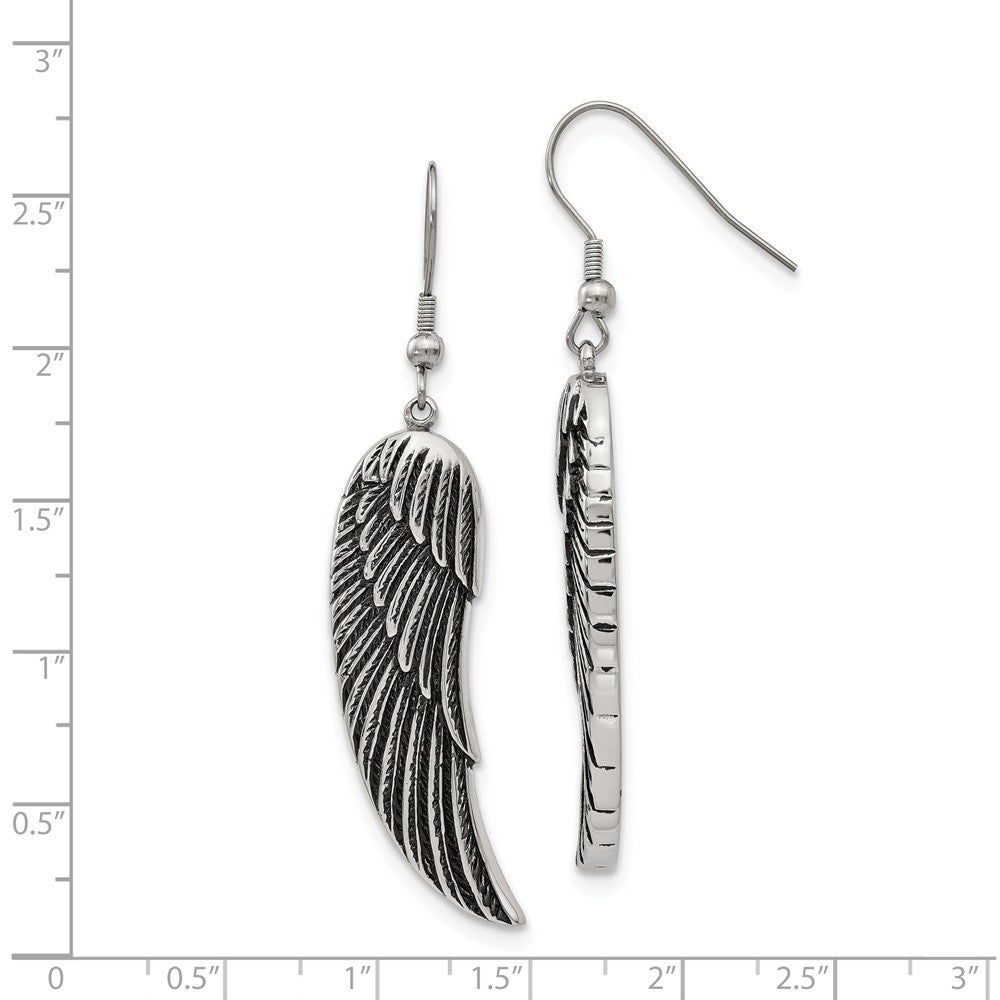 Alternate view of the Large Antiqued Textured Wing Dangle Earrings in Stainless Steel by The Black Bow Jewelry Co.