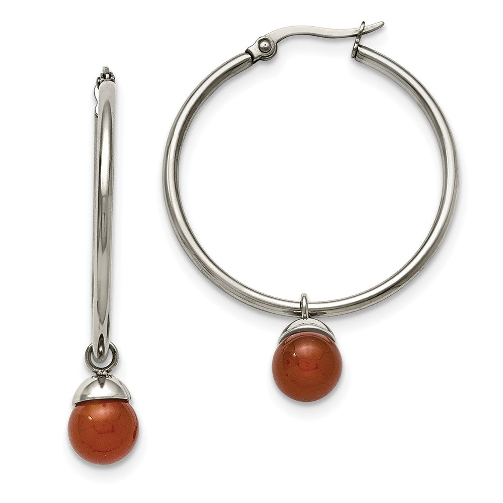 Red Agate Bead Drop Round Hoop Earrings in Stainless Steel - 35mm, Item E11150 by The Black Bow Jewelry Co.