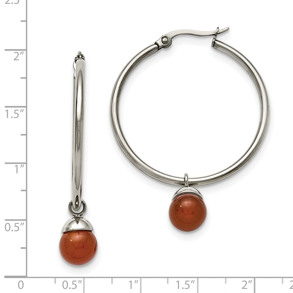 Alternate view of the Red Agate Bead Drop Round Hoop Earrings in Stainless Steel - 35mm by The Black Bow Jewelry Co.