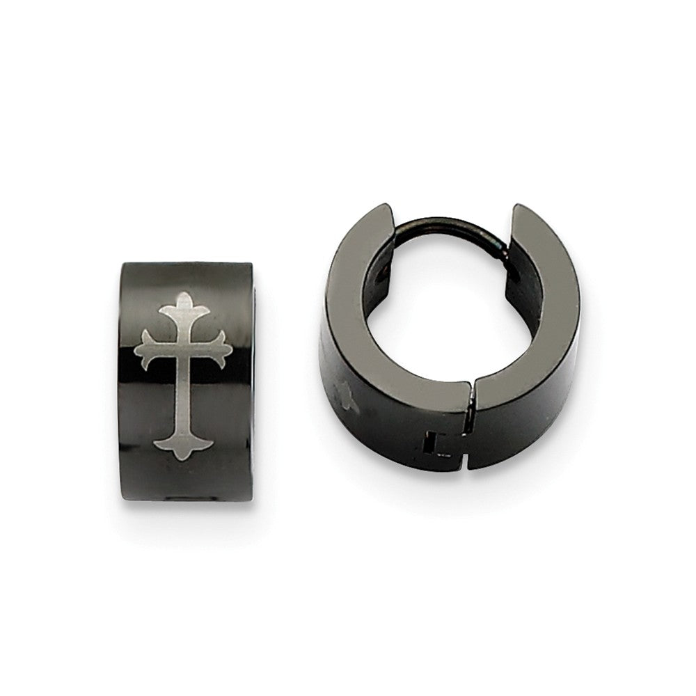 Black-plated Stainless Steel Fleur-de-lis Cross Hinged Hoop Earrings, Item E11155 by The Black Bow Jewelry Co.
