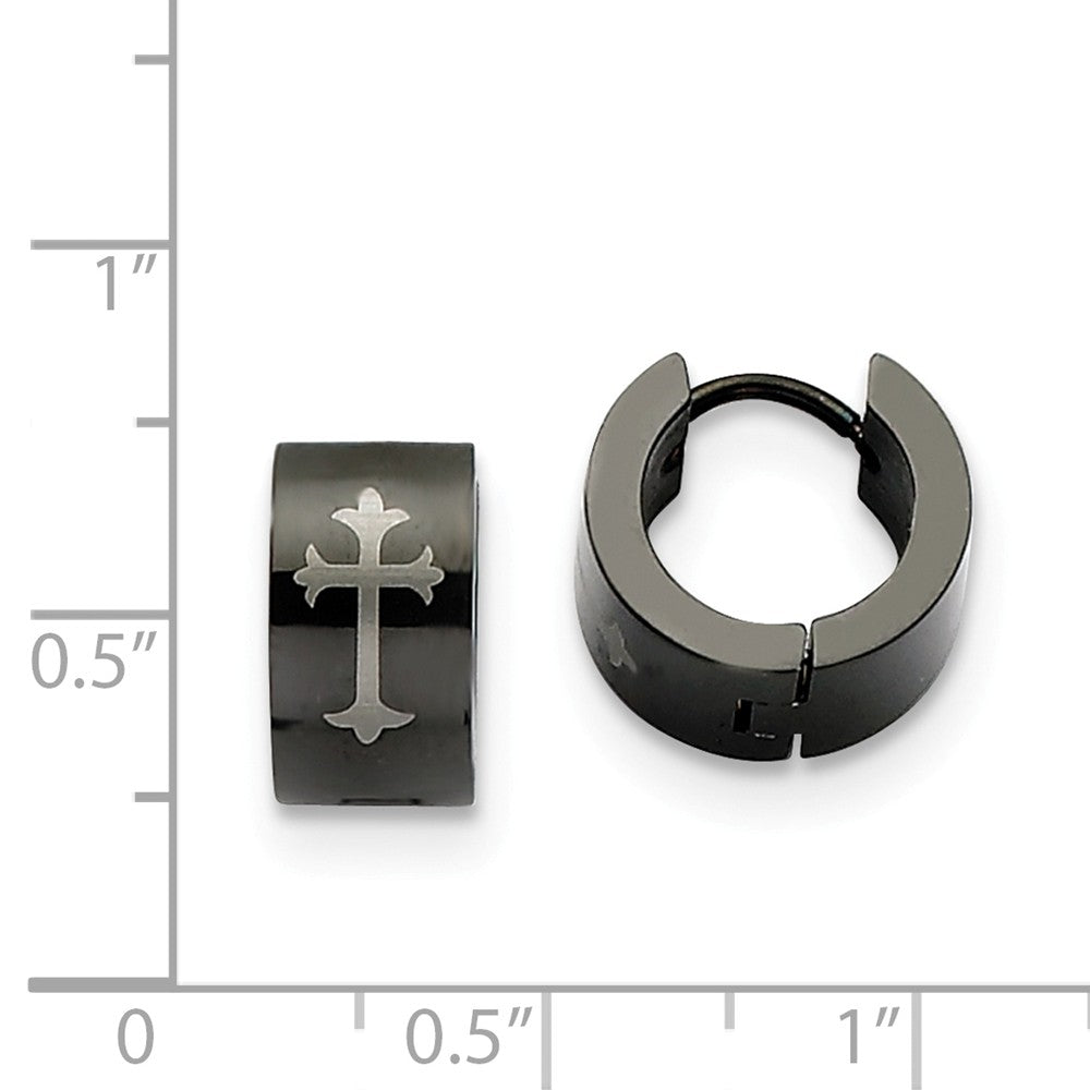 Alternate view of the Black-plated Stainless Steel Fleur-de-lis Cross Hinged Hoop Earrings by The Black Bow Jewelry Co.