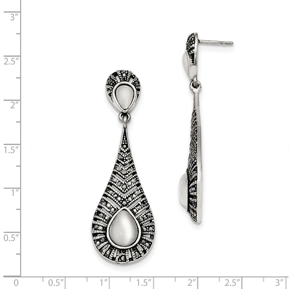 Alternate view of the Marcasite &amp; Cat&#39;s Eye Teardrop Post Dangle Earrings in Stainless Steel by The Black Bow Jewelry Co.