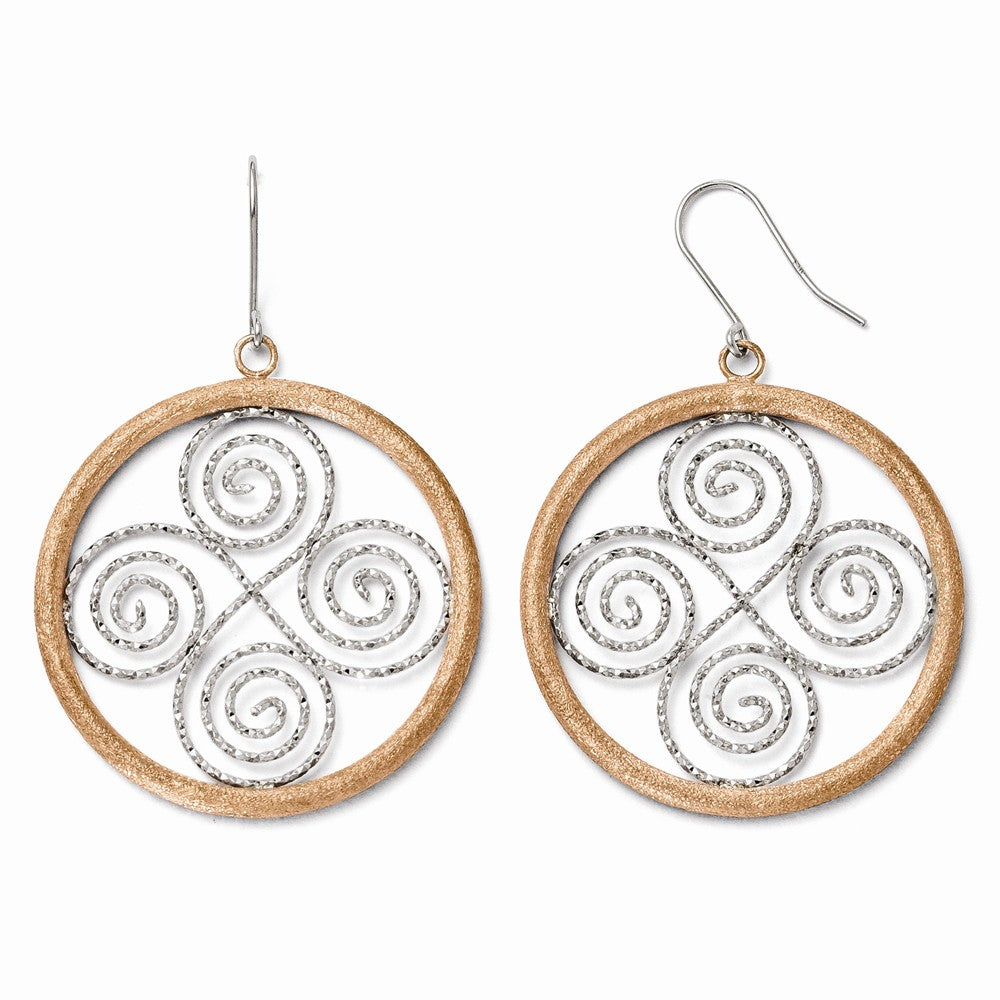 35mm Sterling Silver &amp; Rose Gold Tone Scroll &amp; Circle Dangle Earrings, Item E11185 by The Black Bow Jewelry Co.