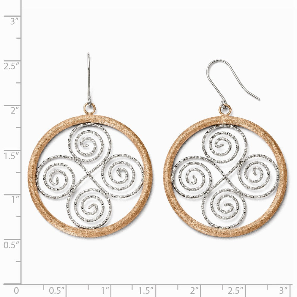 Alternate view of the 35mm Sterling Silver &amp; Rose Gold Tone Scroll &amp; Circle Dangle Earrings by The Black Bow Jewelry Co.