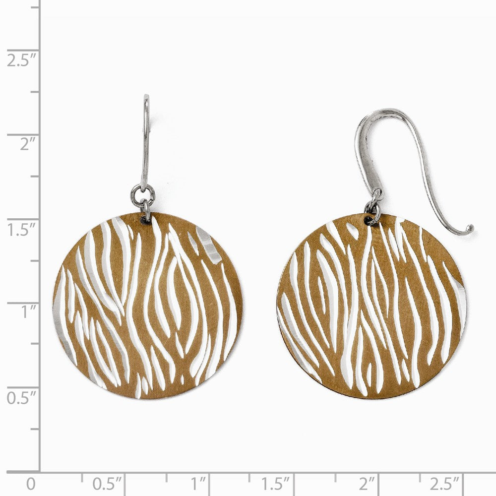 Alternate view of the 29mm Cognac Animal Print Disc Dangle Earrings in Sterling Silver by The Black Bow Jewelry Co.