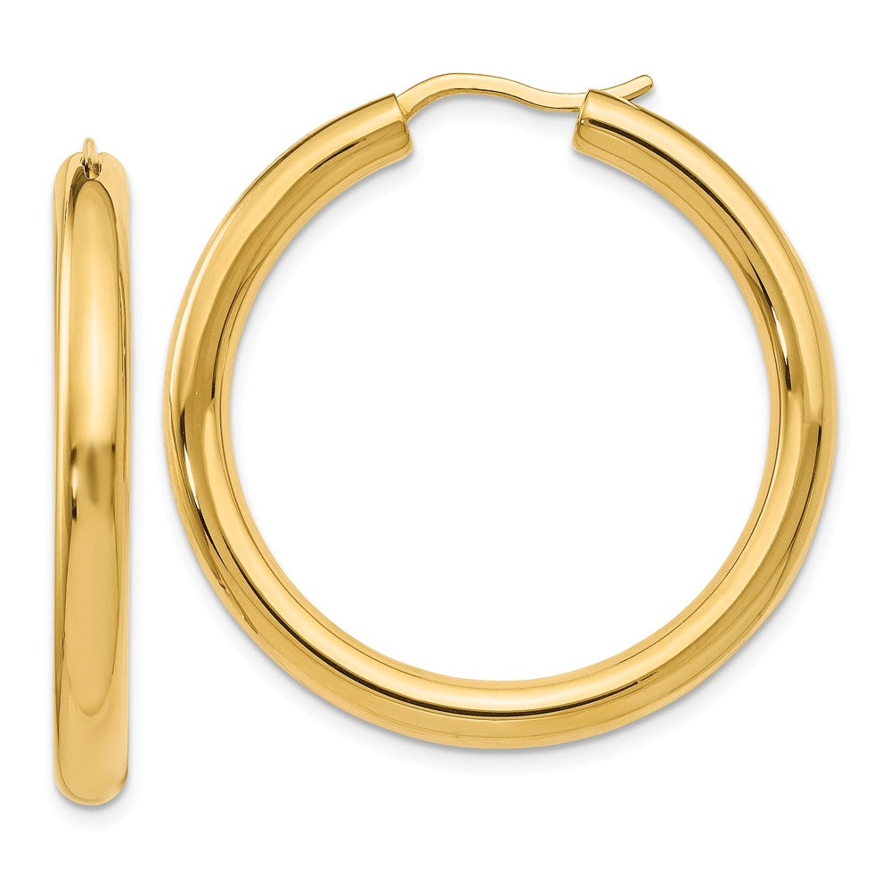 3.5mm Round Tube Hoop Earrings in Yellow Gold Tone Plated Silver, 33mm, Item E11242 by The Black Bow Jewelry Co.