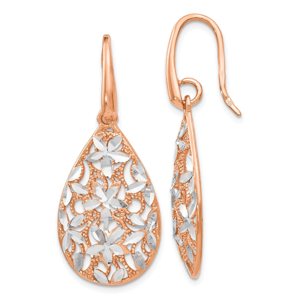 Floral Filigree Teardrop Dangle Rose Gold Tone Plated Silver Earrings, Item E11553 by The Black Bow Jewelry Co.